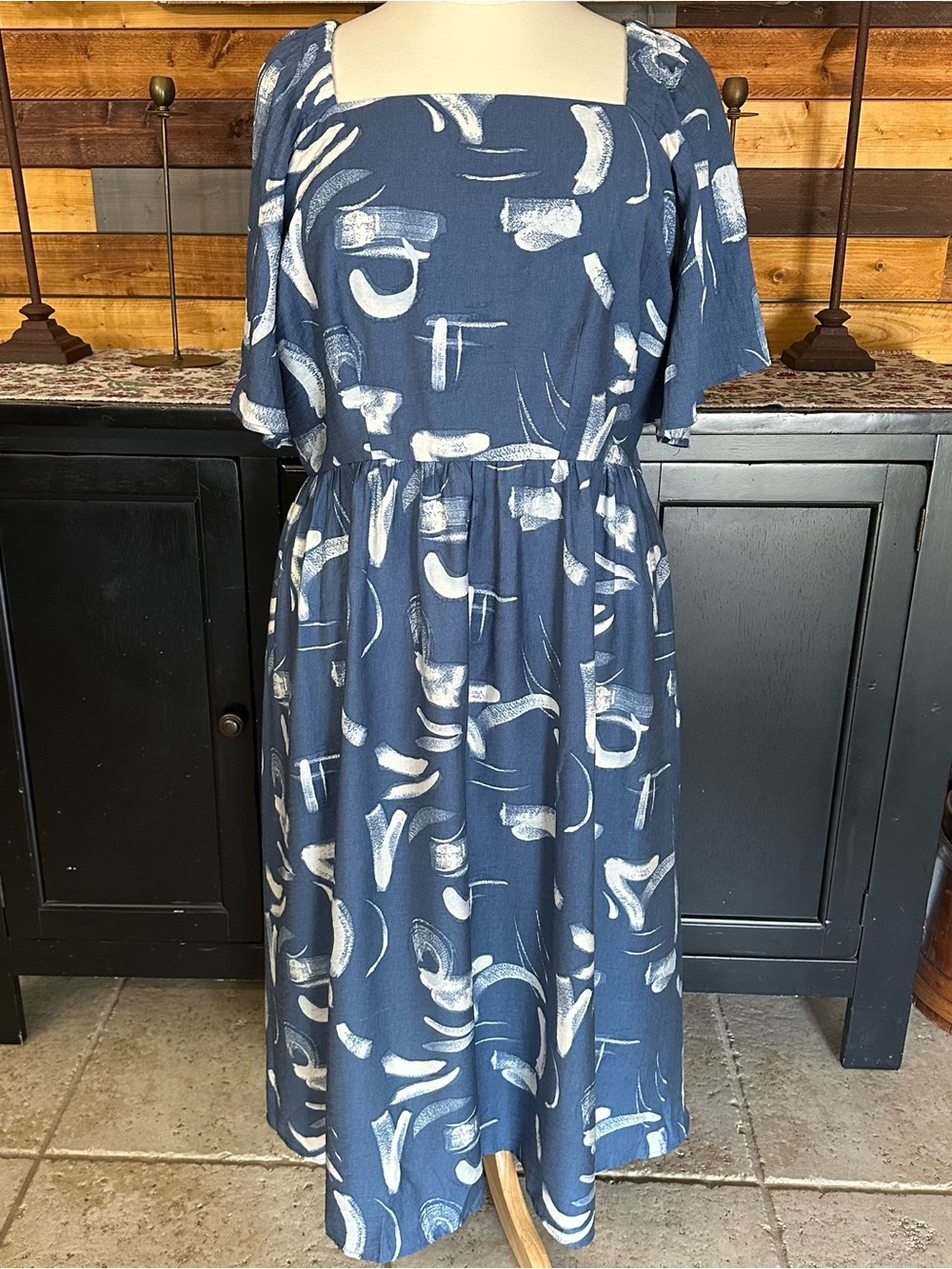 a new day Blue & White Abstract Square-Neck Midi Dress